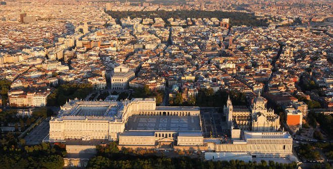 Madrid Spain city skyline and Royal Palace